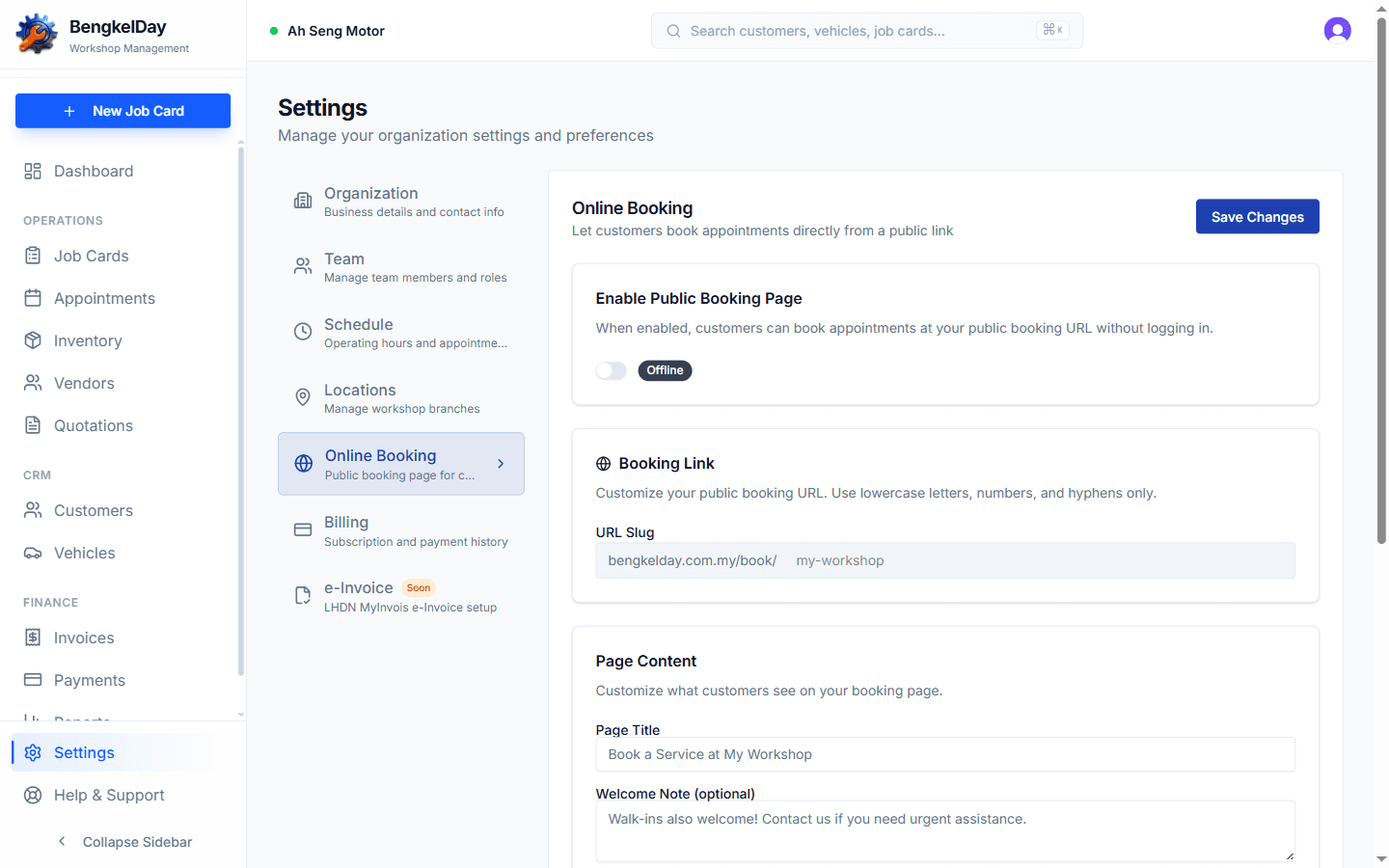 BengkelDay Online Booking settings showing the Enable Public Booking Page toggle, the URL slug field, and the page content fields