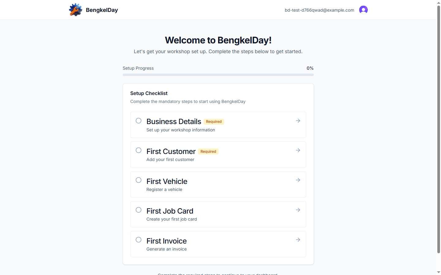 BengkelDay onboarding setup checklist showing the five steps: Business Details, First Customer, First Vehicle, First Job Card, and First Invoice