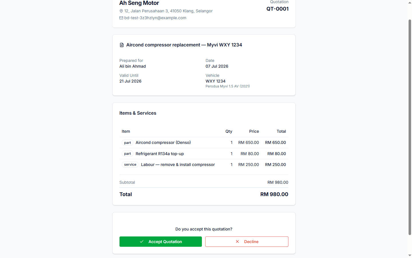 The public quotation page a customer sees: itemised parts and labour with prices, the total, and Accept Quotation / Decline buttons